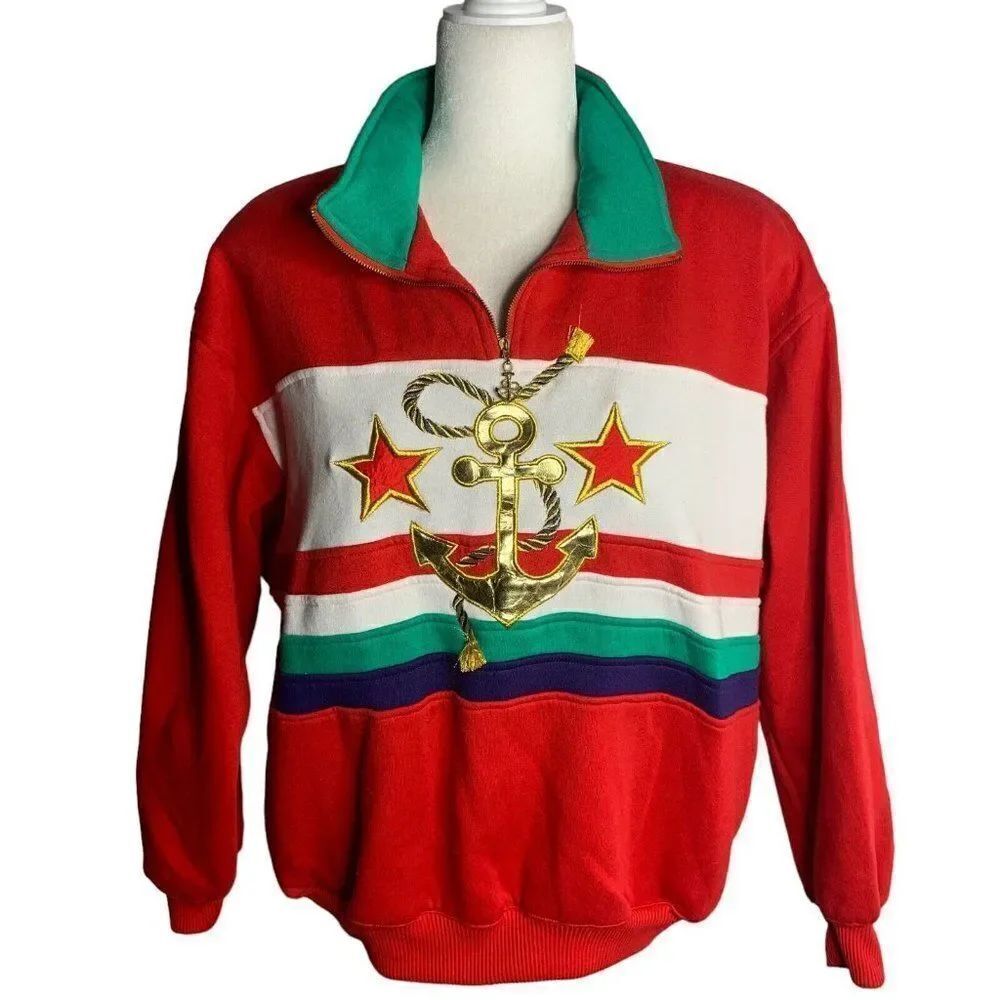 Vintage 80s Nautical Pullover Sweatshirt M Red Fleece Quarter Zip Cruise